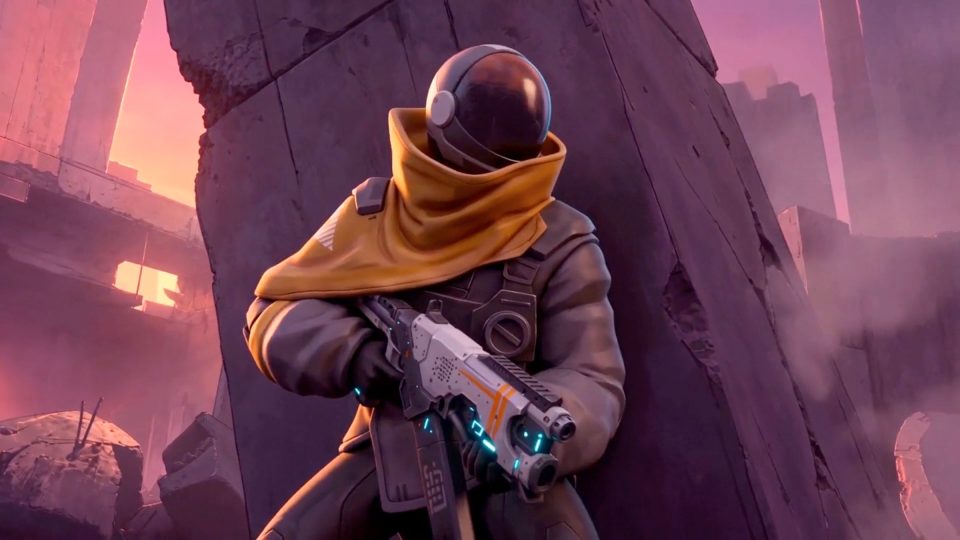 A futuristic soldier in a helmet and yellow scarf holds a high-tech rifle, standing against cracked stone in a ruined, reddish landscape—evoking the cinematic style of Gort sci-fi short film by Beeld. Frame from Stash Magazine article.