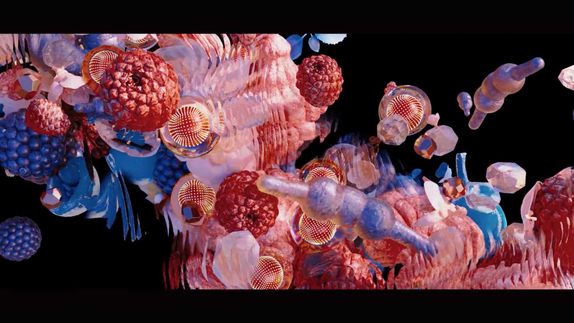 A vibrant abstract digital artwork inspired by Gucci "The Alchemist’s Garden" brand film by Jieru Tang, featuring red, pink, and purple organic shapes and spherical forms like fruit and cells against a black background with swirling, layered textures. Frame from Stash Magazine article.