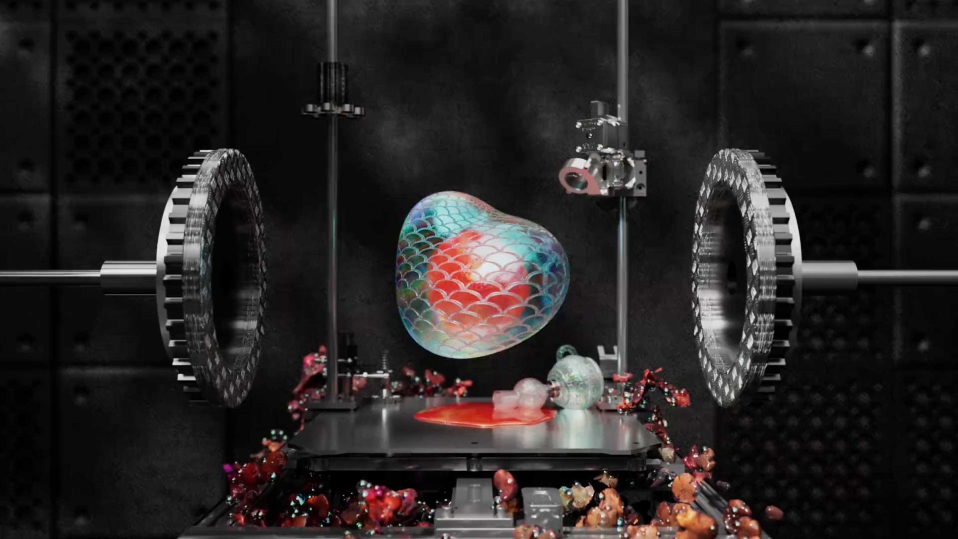 A colorful, semi-transparent, heart-shaped object with a scale-like texture hovers above a platform between two large, metallic gears in a high-tech setting—evoking the imaginative spirit of The Alchemist’s Garden by Gucci and Jieru Tang. Frame from Stash Magazine article.