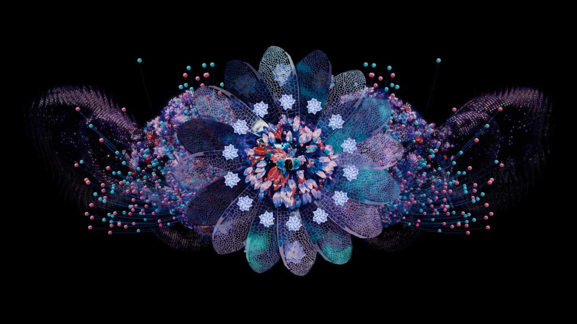 Digital artwork by Jieru Tang of a symmetrical, abstract flower with translucent petals and intricate details, glowing in shades of blue, purple, and pink—evoking the elegance of Gucci’s The Alchemist’s Garden against a black background. Frame from Stash Magazine article.