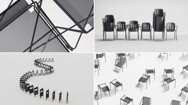 A collage of four images shows modern black chairs: a close-up of mesh metal, chairs stacked in a row, chairs arranged in a winding line, and scattered individually on white—capturing the sleek style seen in HAY chair product film by FRAME. Frame from Stash Magazine article.