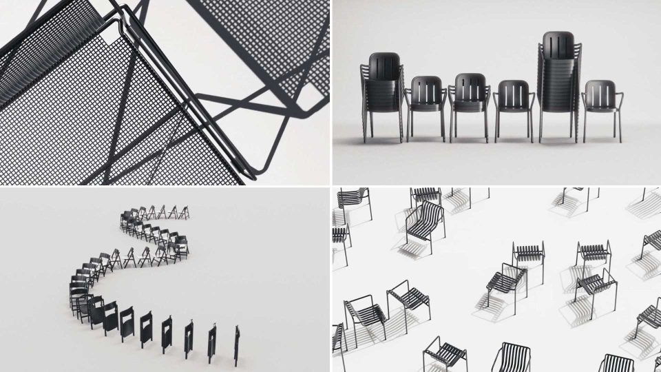 A collage of four images shows modern black chairs: a close-up of mesh metal, chairs stacked in a row, chairs arranged in a winding line, and scattered individually on white—capturing the sleek style seen in HAY chair product film by FRAME. Frame from Stash Magazine article.