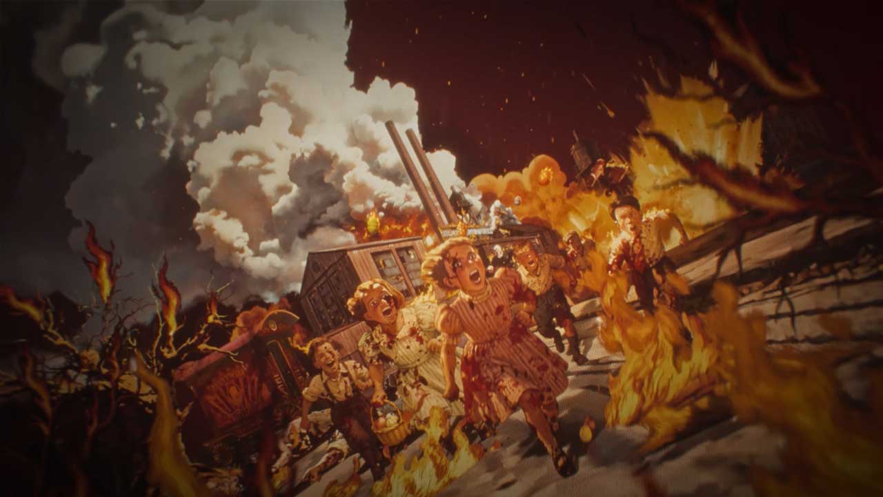 Children in old-fashioned clothing run in panic as flames and smoke engulf the scene, reminiscent of a dramatic escape in IT: Welcome to Derry; the burning building looms like a backdrop from classic film title design. Frame from Stash Magazine article.