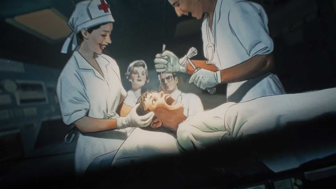 A patient lies on an operating table with mouth open, surrounded by nurses and doctors in vintage uniforms—a chilling scene reminiscent of a title sequence from IT: Welcome to Derry, brought to life by Filmograph. Frame from Stash Magazine article.