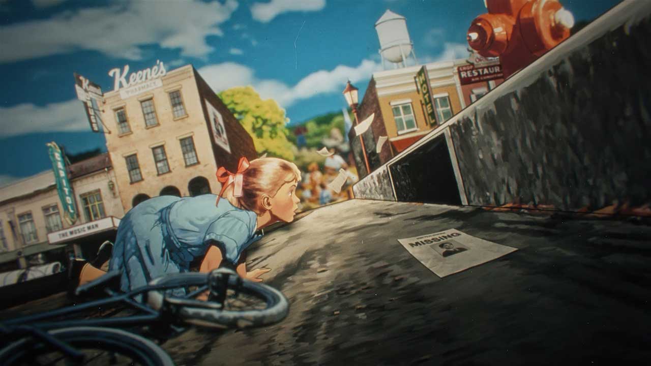 A young girl in a blue dress kneels by a storm drain on a city street, her bicycle fallen nearby and a missing person flyer on the curb—a haunting scene fit for an IT: Welcome to Derry title sequence, with buildings and a water tower looming behind. Frame from Stash Magazine article.