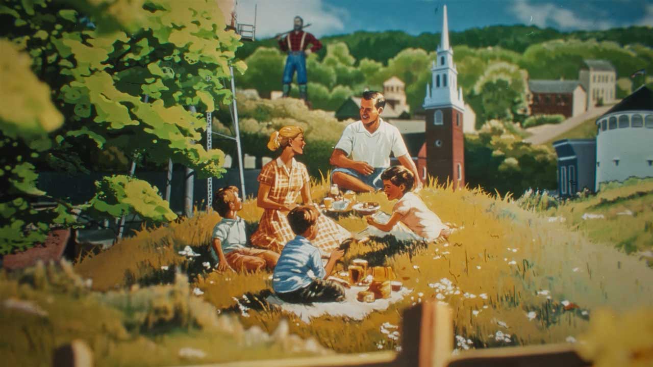 A family of five enjoys a picnic on a grassy hill surrounded by wildflowers, with churches, houses, and a Paul Bunyan statue creating a fantasy-like, Filmograph-worthy scene in the sunlit background. Frame from Stash Magazine article.