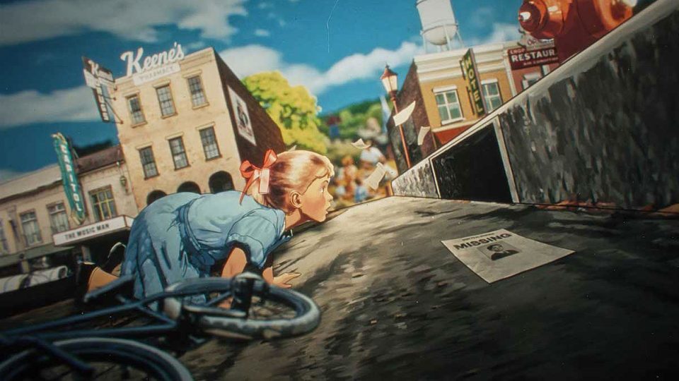 A young girl in a blue dress with a red bow kneels on a sidewalk, peering into a storm drain—a nod to IT: Welcome to Derry. A bicycle lies nearby, and a missing person flyer rests on the ground in this small-town scene. Frame from Stash Magazine article.