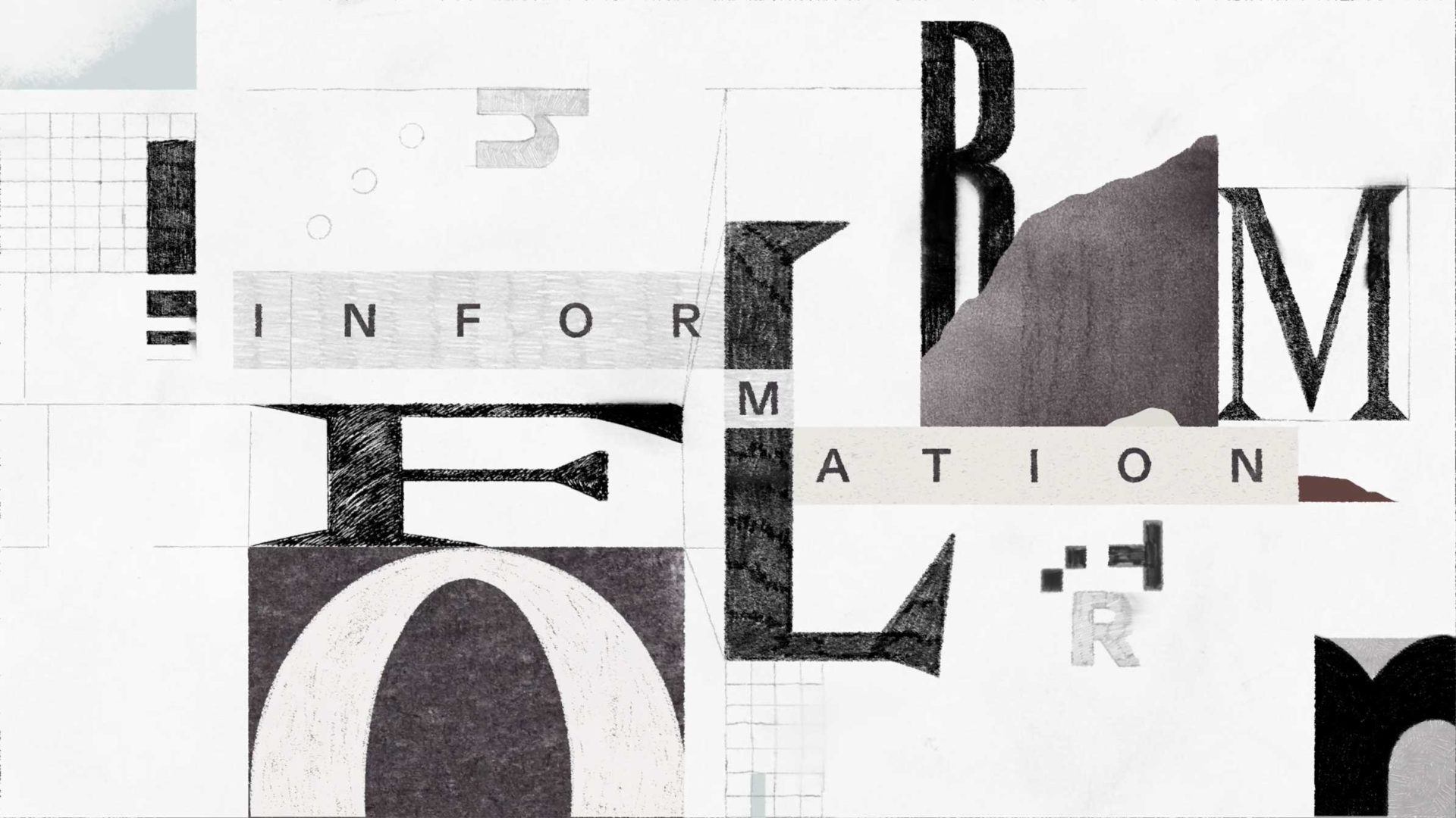 Abstract collage featuring the letters of the word INFORMATION arranged in various fonts, sizes, and orientations, styled like a Harvey II Oddfellows launch against a background of geometric shapes and grid lines. Frame from Stash Magazine article.