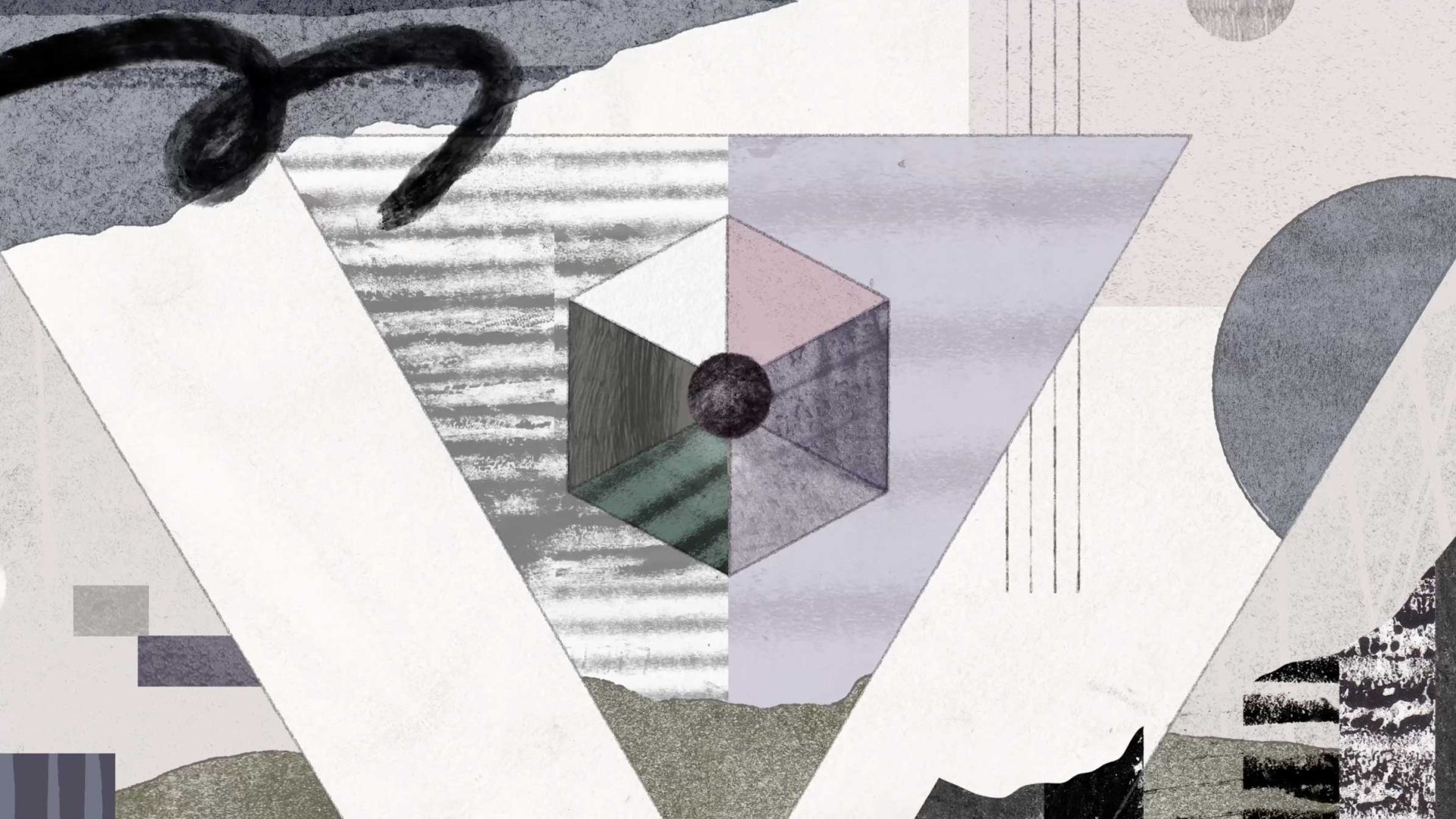Abstract composition featuring a central Harvey II hexagon with a dark circle at its core, layered over a large Launch triangle and geometric shapes with varied textures. Frame from Stash Magazine article.