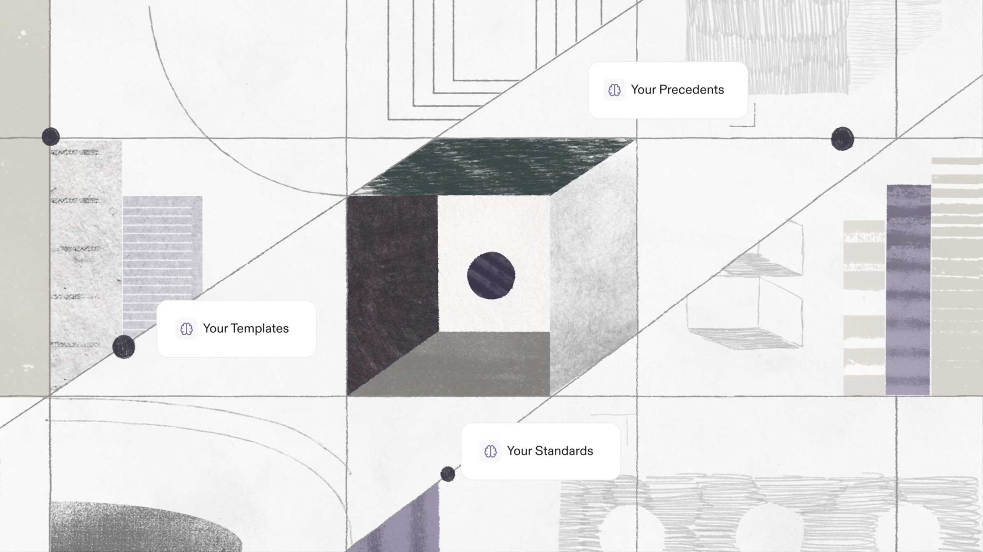 An abstract Harvey II graphic featuring a central cube with a circle inside, surrounded by Oddfellows geometric sketches and three labels: Your Templates, Your Precedents, and Your Standards. Frame from Stash Magazine article.