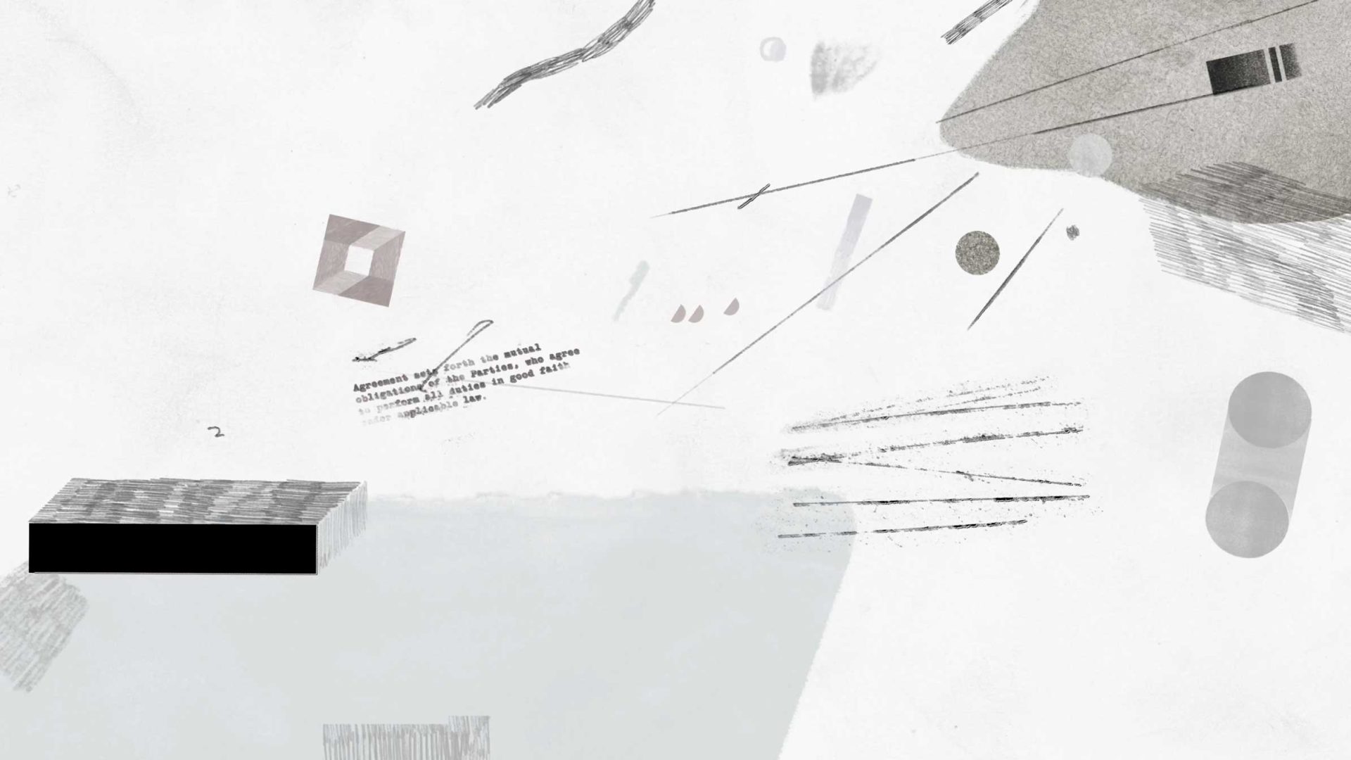 Abstract digital collage titled Harvey II, featuring geometric shapes, sketch-like lines, and a small fragment of typewritten legal text. Frame from Stash Magazine article.