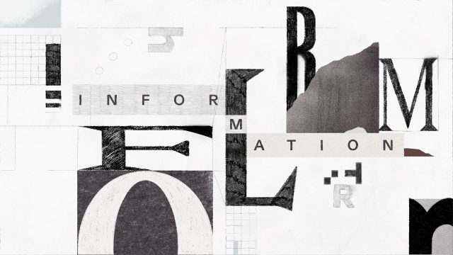 A collage of fragmented letters and grid patterns, designed for the Harvey II Brand Manifesto, arranged to spell the word INFORMATION. Frame from Stash Magazine article.