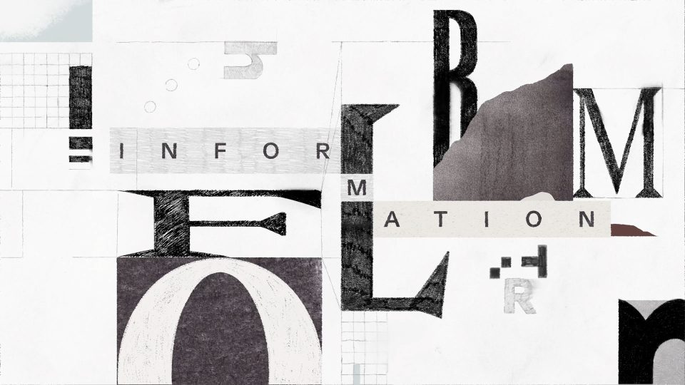 A collage of fragmented letters and grid patterns, designed for the Harvey II Brand Manifesto, arranged to spell the word INFORMATION. Frame from Stash Magazine article.