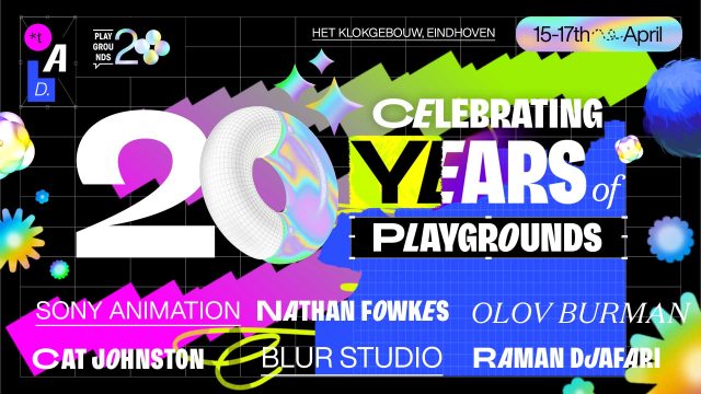 Colorful digital poster with bold text: Celebrating 20 Years of Playgrounds, April 15-17 at Het Klokgebouw, Eindhoven. Features vibrant graphics, sponsor names, and a playful design inspired by The Art Department Eindhoven 2026. Frame from Stash Magazine article.
