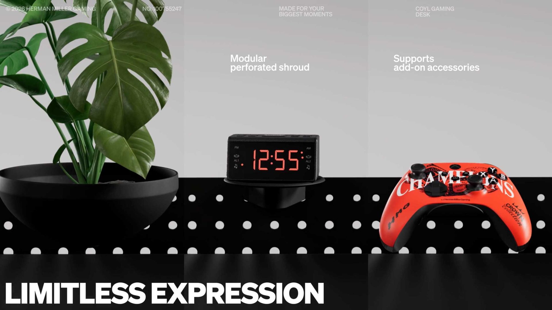 A modern gaming setup with a potted plant, a digital clock at 12:55, and a customized controller on a black perforated surface, with text highlighting Herman Miller-inspired modular features and accessory support—perfect for your next brand film. Frame from Stash Magazine article.