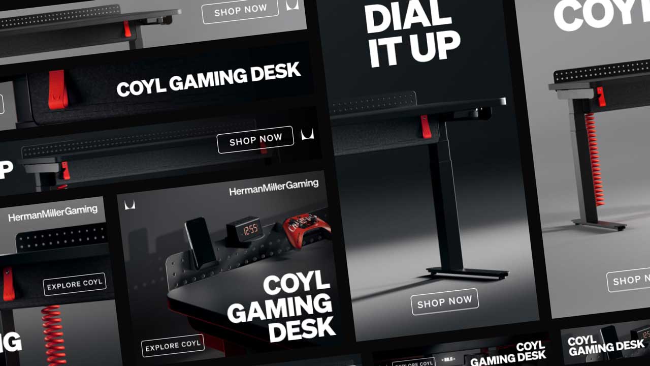 A collage of ads showcases the Herman Miller Gaming COYL desk by Paper Crowns with black and red accents, featuring phrases like DIAL IT UP and SHOP NOW. Images highlight the desk’s sleek, modern design and gaming accessories. Frame from Stash Magazine article.