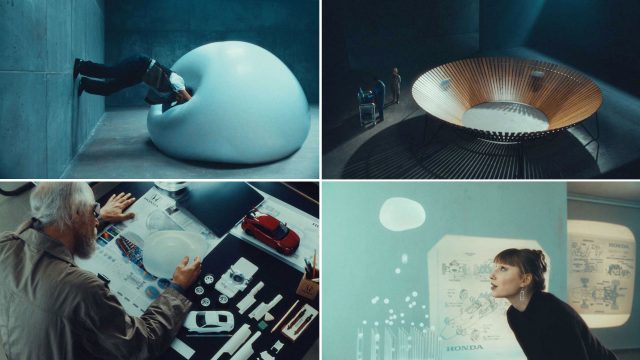 Four scenes unfold: a person climbs into a white blob in an inventive space; a large wooden bowl sits center stage in a tranquil room; at a desk, someone meticulously assembles model cars—a nod to the Honda Your Dreams Engineered commercial by Ryun Chun and Black Kite Studios; finally, a woman gazes thoughtfully at floating objects near detailed technical drawings. Frame from Stash Magazine article.