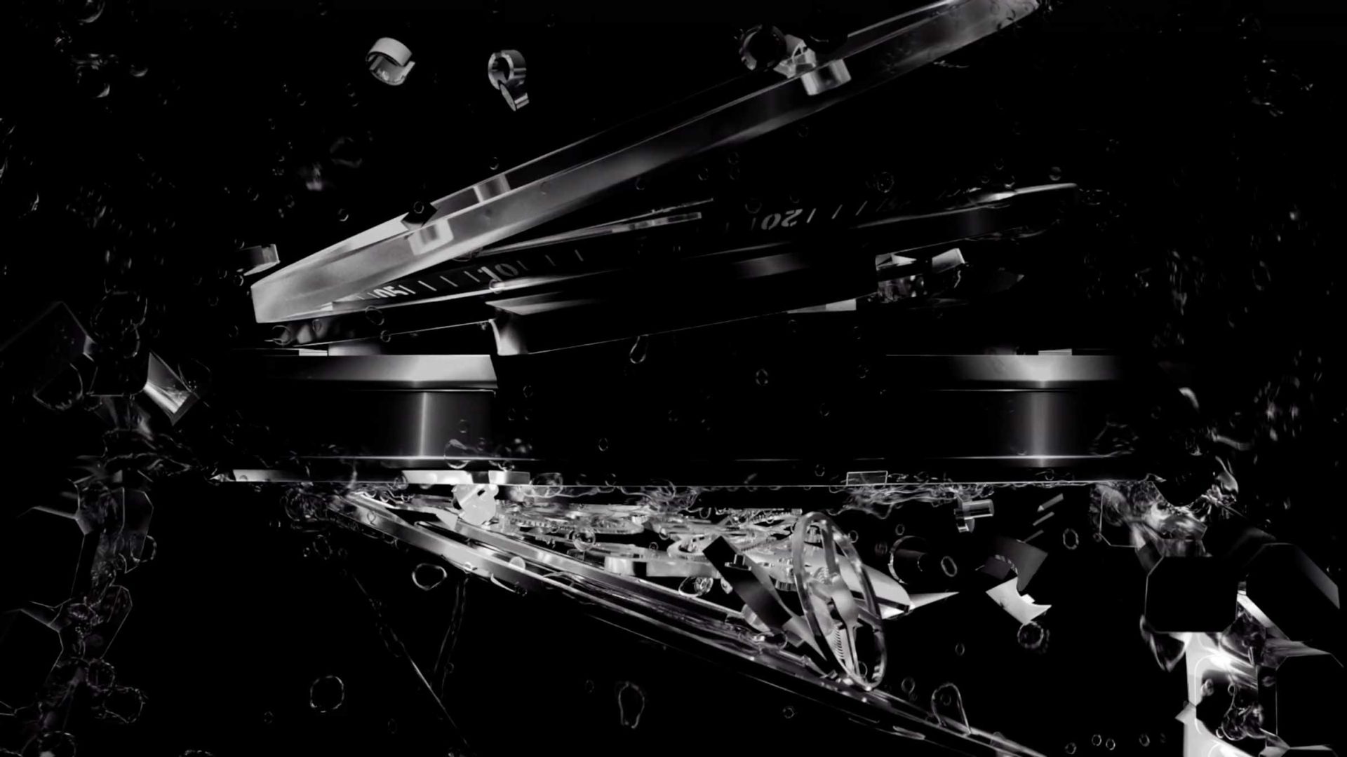Abstract close-up of Studio River watch parts suspended in dark liquid with jellyfish-like bubbles. Frame from Stash Magazine article.