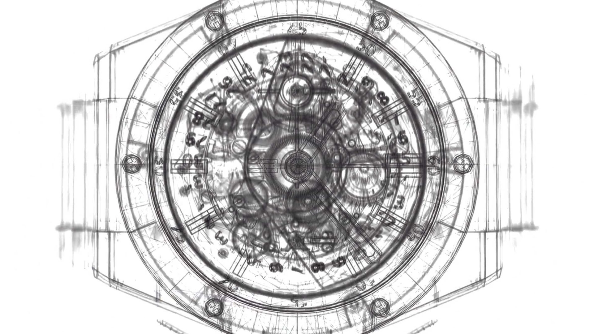 Technical sketch of a watch face and internal gear mechanism from a Hublot CG spec spot by Studio River. Frame from Stash Magazine article.