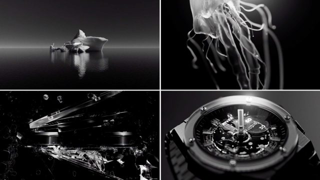 A four-panel black and white collage featuring an iceberg in the ocean, a floating jellyfish, shattered glass, and a close-up of a studio river watch. Frame from Stash Magazine article.