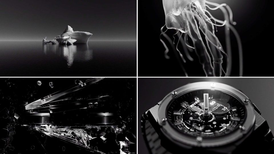 A four-panel black and white collage featuring an iceberg in the ocean, a floating jellyfish, shattered glass, and a close-up of a studio river watch. Frame from Stash Magazine article.