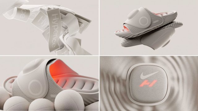 A four-panel view of the Nike Hyperslide, featuring a circular attachment, close-ups of Hyperice branding, the shoe profile, the orange interior glow, and the co-branded Nike and Hyperice logo. Frame from Stash Magazine article.