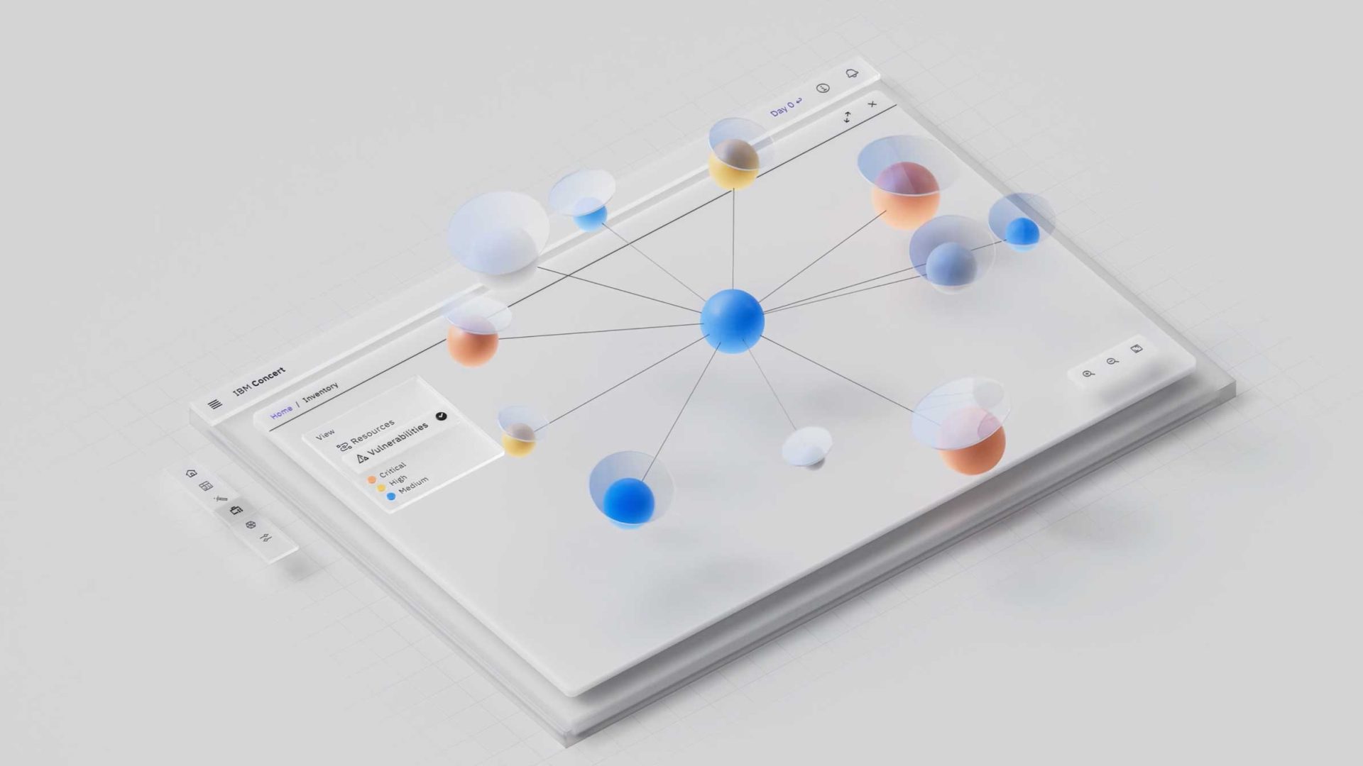 A digital interface displays a network diagram with a central blue node, representing IBM Sovereign, connected to multiple colored nodes by thin lines, symbolizing data connections and software toolkits, on a light, minimalist background. Frame from Stash Magazine article.