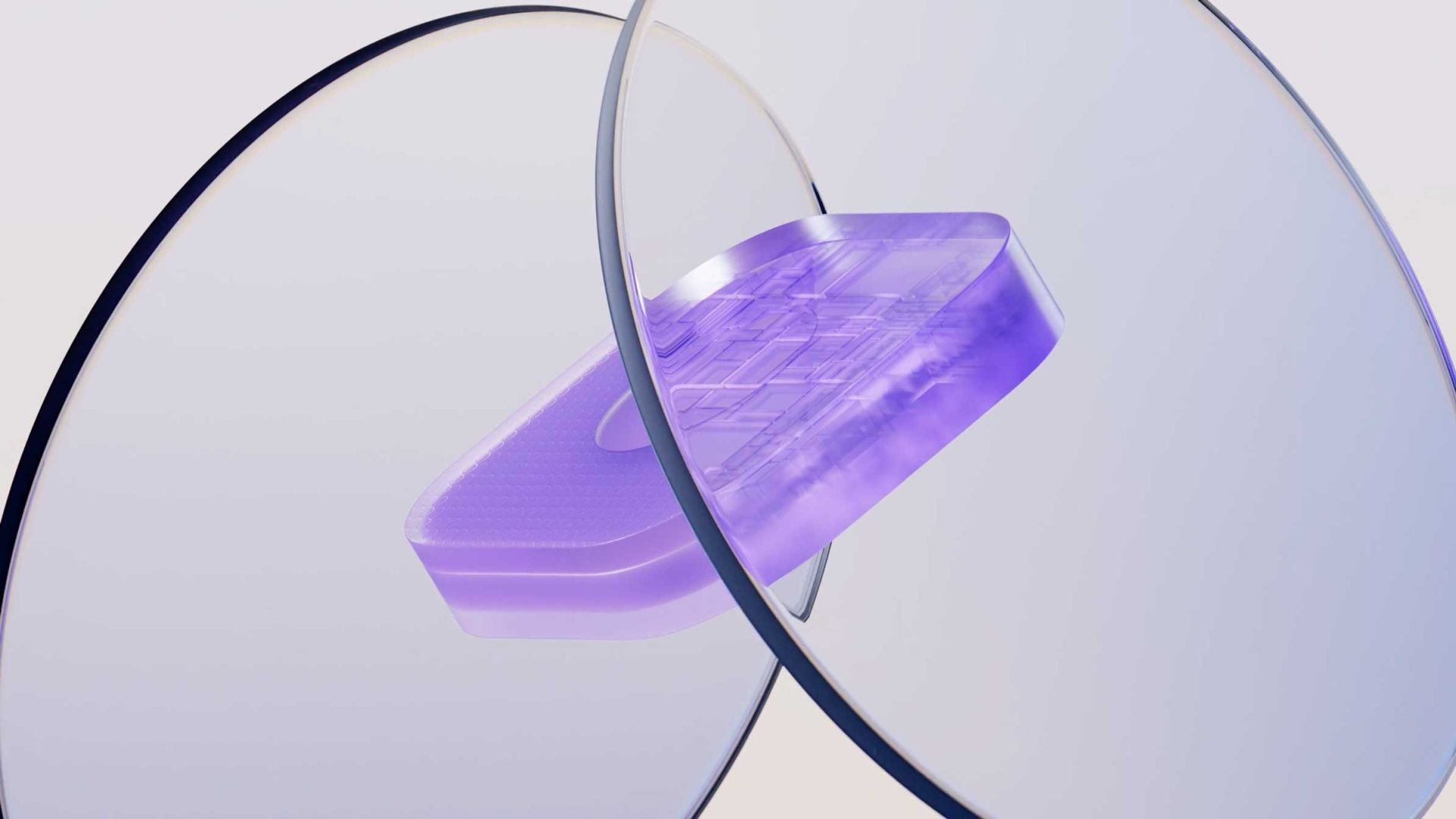 A translucent purple, chip-like object floats between two large overlapping clear glass discs against a light background, evoking the modernity of IBM Sovereign software toolkits in this abstract composition. Frame from Stash Magazine article.