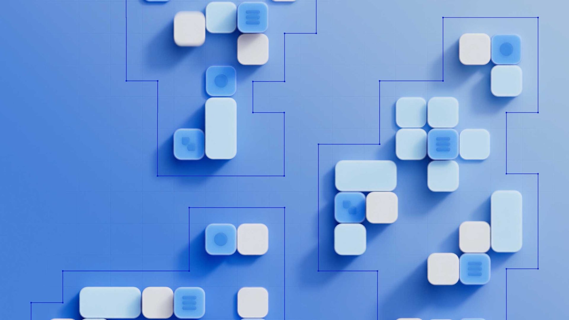 Abstract 3D illustration of light blue and white blocks arranged on a blue background, forming geometric patterns with outlined sections and subtle shadows, reminiscent of modern IBM Sovereign and digital tech-inspired design. Frame from Stash Magazine article.