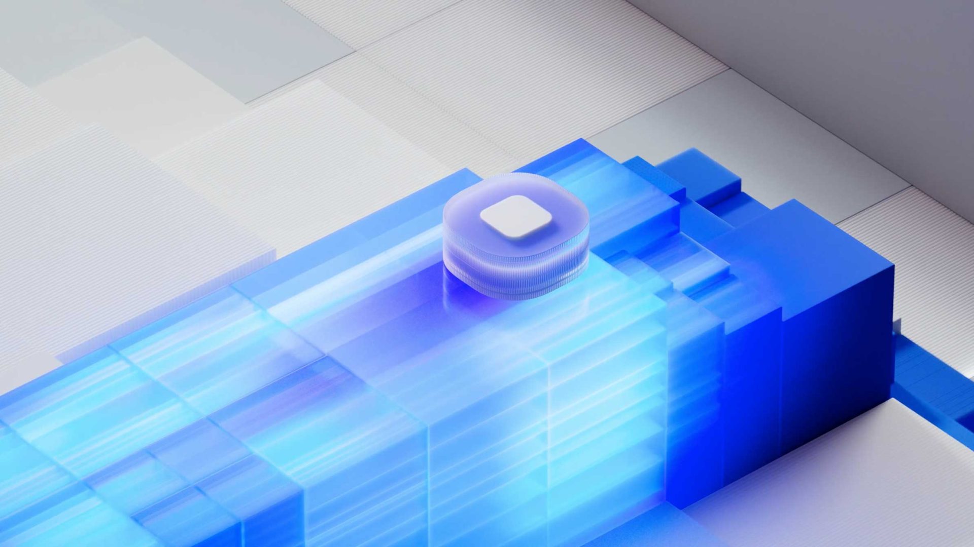 A digital illustration inspired by IBM Sovereign and Concert Product films by Tendril, featuring translucent blue rectangular blocks and a glowing circular white button on a grid-patterned background for a futuristic, abstract technology vibe. Frame from Stash Magazine article.