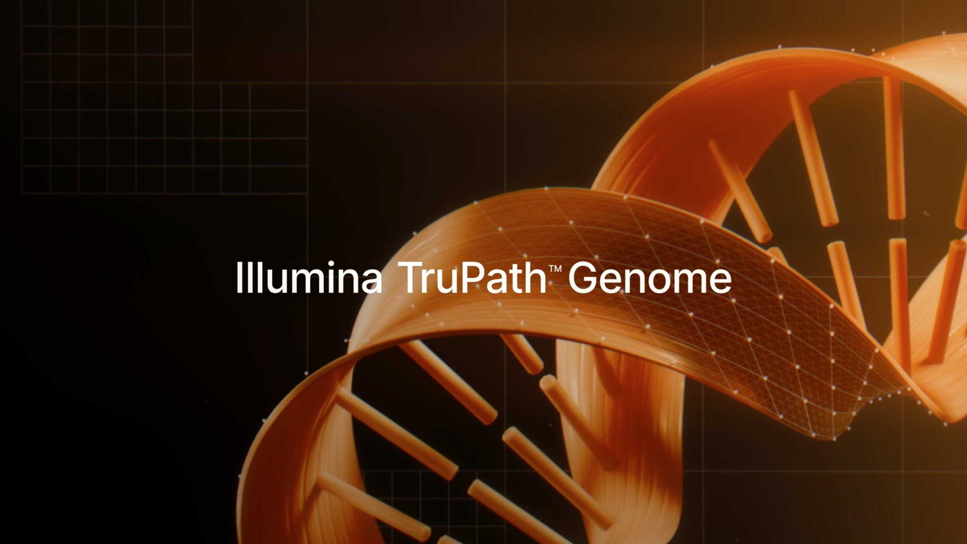 A stylized DNA double helix with Illumina TruPath Genome text overlaid on a dark background with subtle grid lines. Frame from Stash Magazine article.