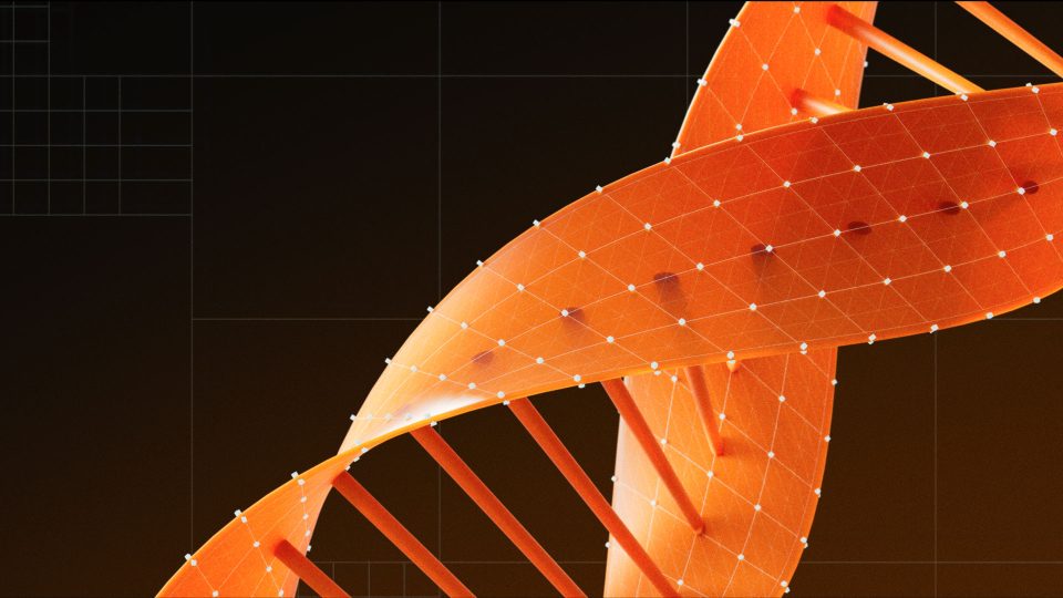 Close-up of an orange DNA double helix structure, evoking Illumina genome sequencing, with white grid lines and dots overlaid, set against a dark background featuring faint geometric grid patterns. Frame from Stash Magazine article.