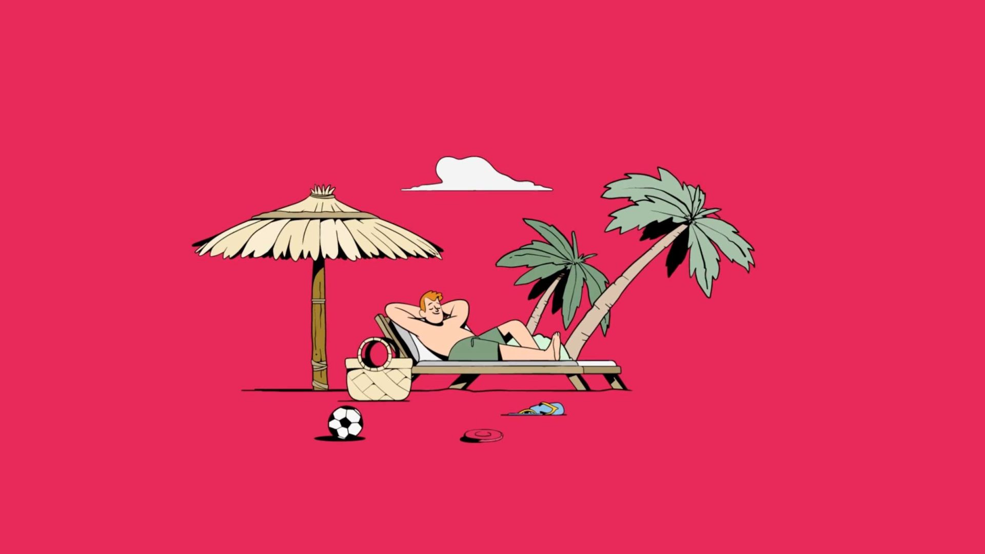 A person relaxes on a lounge chair under a straw beach umbrella beside two palm trees in this vibrant Niceshit illustration system. A basket, hat, sunglasses, soccer ball, and flip-flops rest on the sand beneath a single cloud. Frame from Stash Magazine article.
