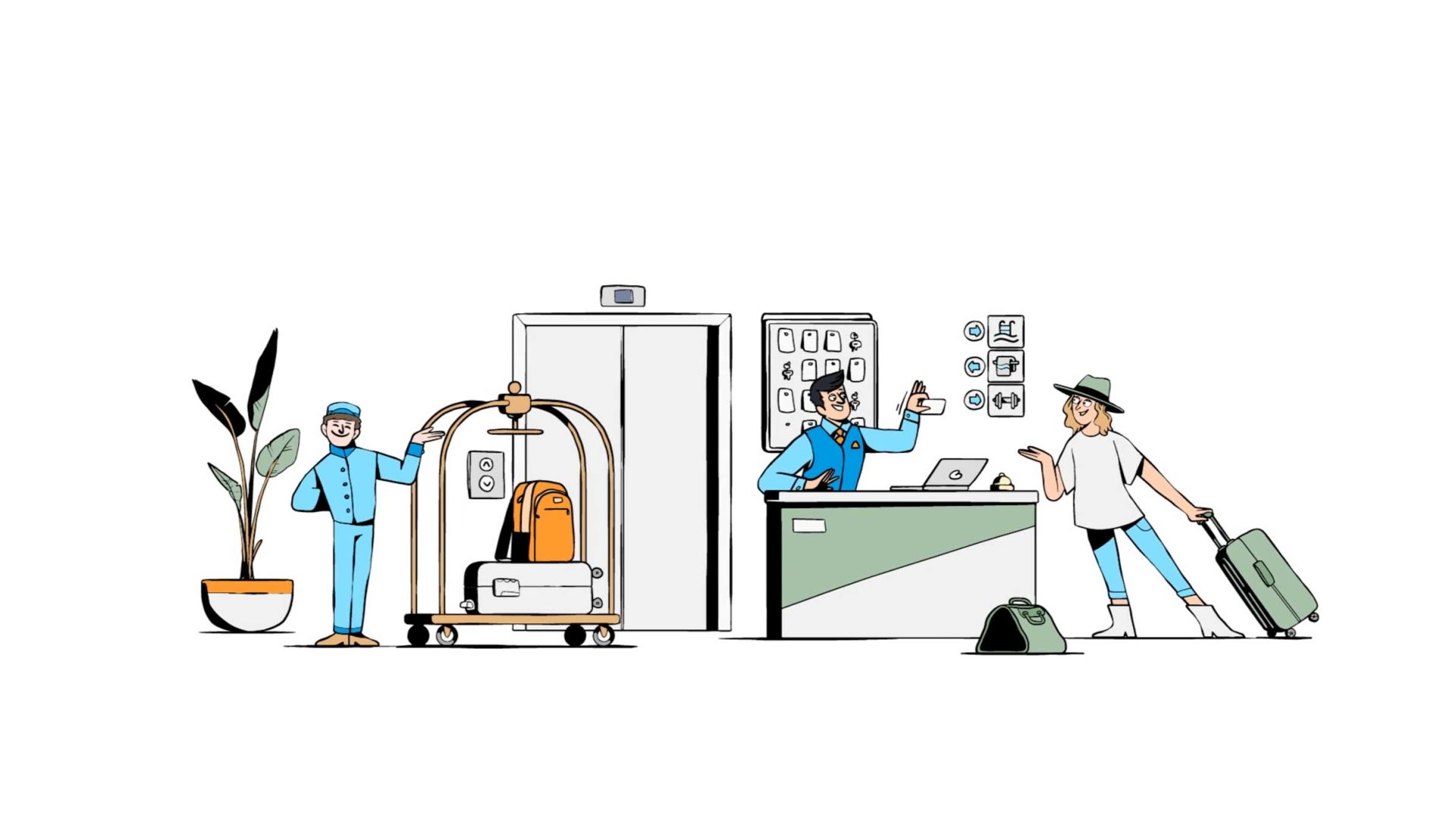 A hotel receptionist checks in a guest pulling a suitcase while a bellhop with a luggage cart waits nearby. A plant sits on the left and an elevator is in the background, all rendered in Niceshit's distinctive illustration system. Frame from Stash Magazine article.