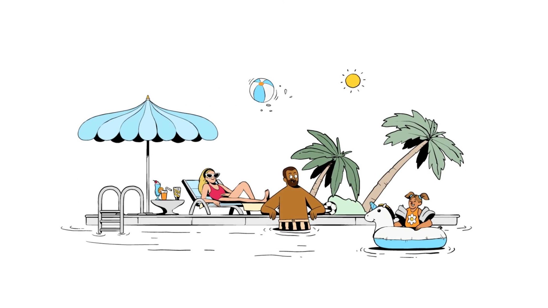 A group of people enjoy a sunny day at a pool in this vibrant Niceshit Illustration System scene. One lounges under an umbrella, another stands in the water, while two kids float on an inflatable swan near palm trees and a beach ball. Frame from Stash Magazine article.