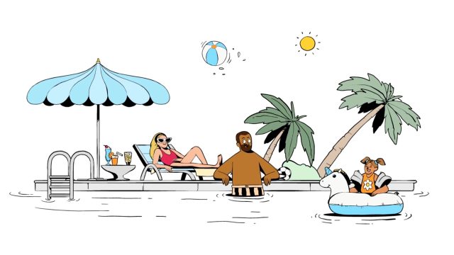 Cartoon illustration system of a pool scene with a woman lounging under an umbrella, a man in the pool, and two kids on a unicorn float. Palm trees, drinks, and a beach ball create that sunny Niceshit x Trivago vibe. Frame from Stash Magazine article.