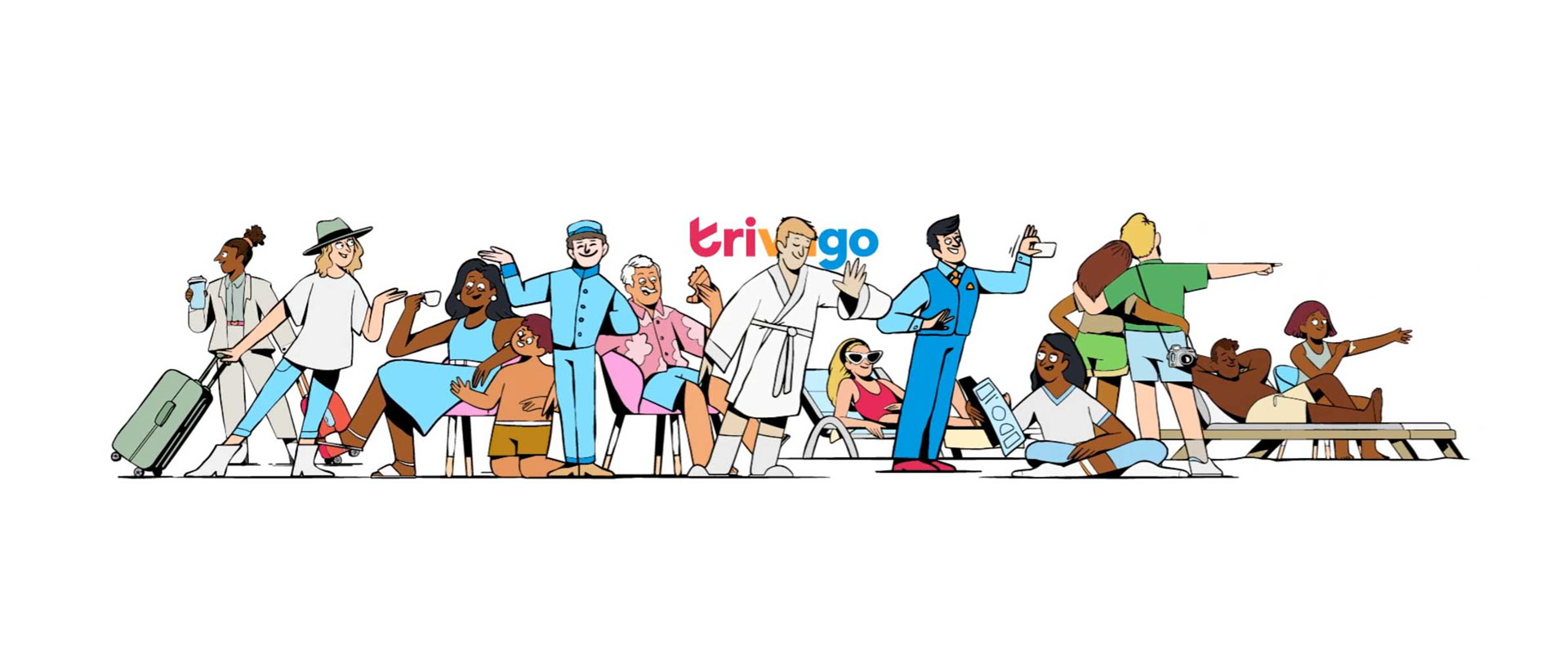 A diverse group of illustrated people, created with the Illustration System for Trivago, including travelers, beachgoers, and workers in uniforms, gathers in front of a trivago sign—some with luggage, some lounging or interacting. Frame from Stash Magazine article.