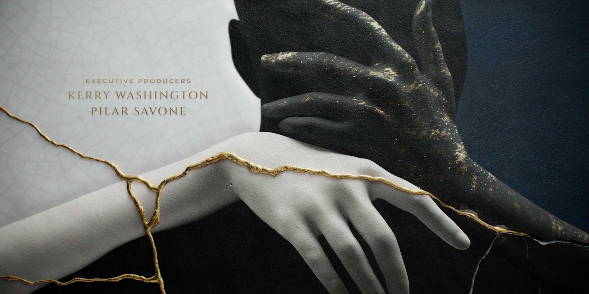 A stylized image shows a white hand with gold cracks reaching over a dark, shadowy face partially obscured by another hand. Designed by Karin Fong of Imaginary Forces, this haunting scene appears in the Apple TV+ credits for Executive Producers Kerry Washington, Pilar Savone. Frame from Stash Magazine article.