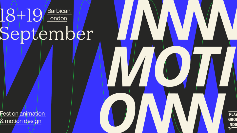 Event poster with bold, overlapping text reading INN MOTION on a blue and black background for In Motion London creative event. Details: 18+19 September, Barbican London. Left: Fest on animation & motion design. Right: Playgrounds logo. Frame from Stash Magazine article.