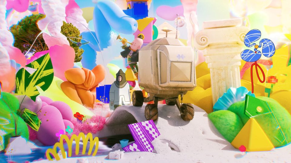 A colorful, whimsical landscape inspired by The Pursuit of Magic and Art&Graft, with vibrant clouds, oversized flowers, a small rover, two animated human figures, and scattered geometric shapes—blending fantasy, space exploration, and playful elements. Frame from Stash Magazine article.