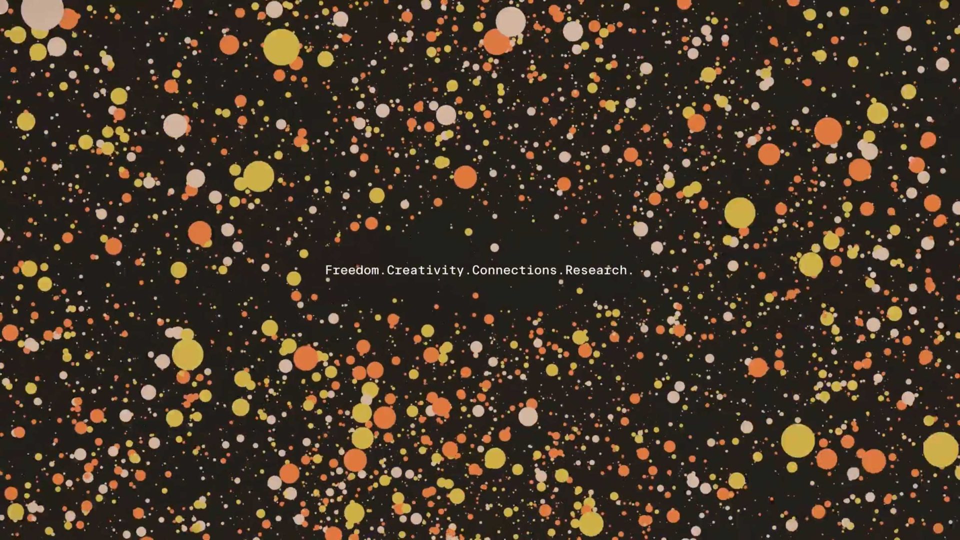 A black background filled with scattered orange, yellow, and beige circles of various sizes. In the center, white text reads: Freedom. Creativity. Connections. Research. Index by Parallel x Please Call Me Champ Studio. Frame from Stash Magazine article.