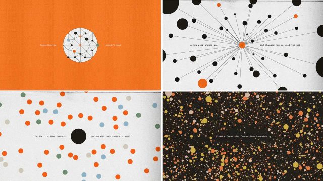 A four-panel graphic, inspired by Index by Parallel launch film by Please Call Me Champ Studio, uses circles and lines to illustrate network concepts. Central text in each panel discusses connections, creativity, and the impact of the internet. Frame from Stash Magazine article.