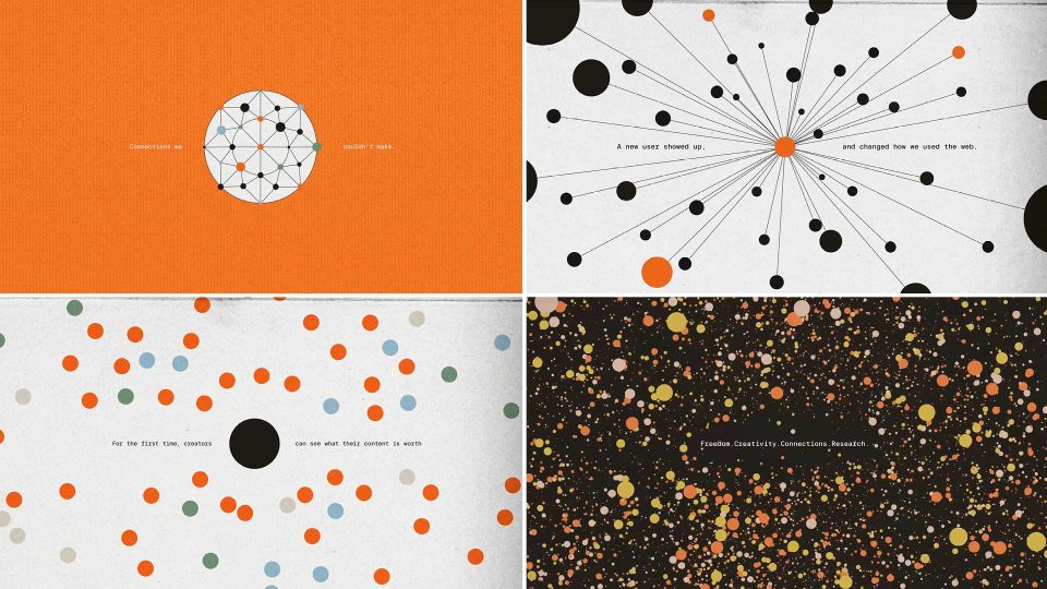 A four-panel graphic, inspired by Index by Parallel launch film by Please Call Me Champ Studio, uses circles and lines to illustrate network concepts. Central text in each panel discusses connections, creativity, and the impact of the internet. Frame from Stash Magazine article.
