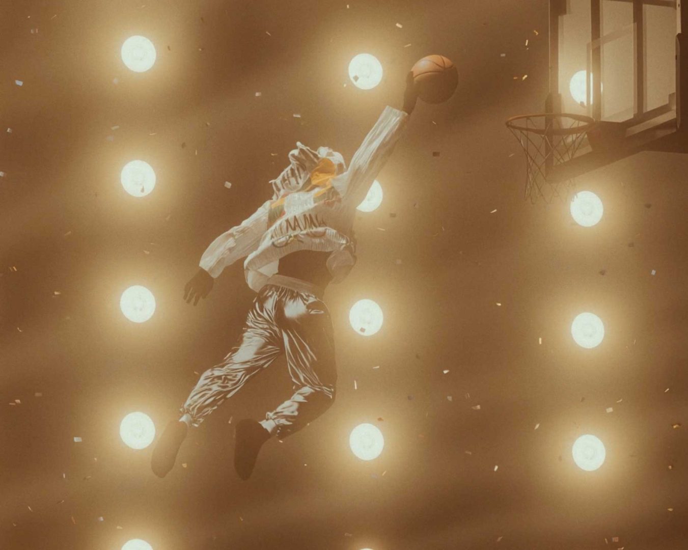 A basketball player in a shiny tracksuit leaps for a dunk against a backdrop of bright stadium lights, confetti falling in the air—a moment reminiscent of the cinematic flair found in the Issey Miyake 1992 short film by Anatolik Belikov Studio. Frame from Stash Magazine article.