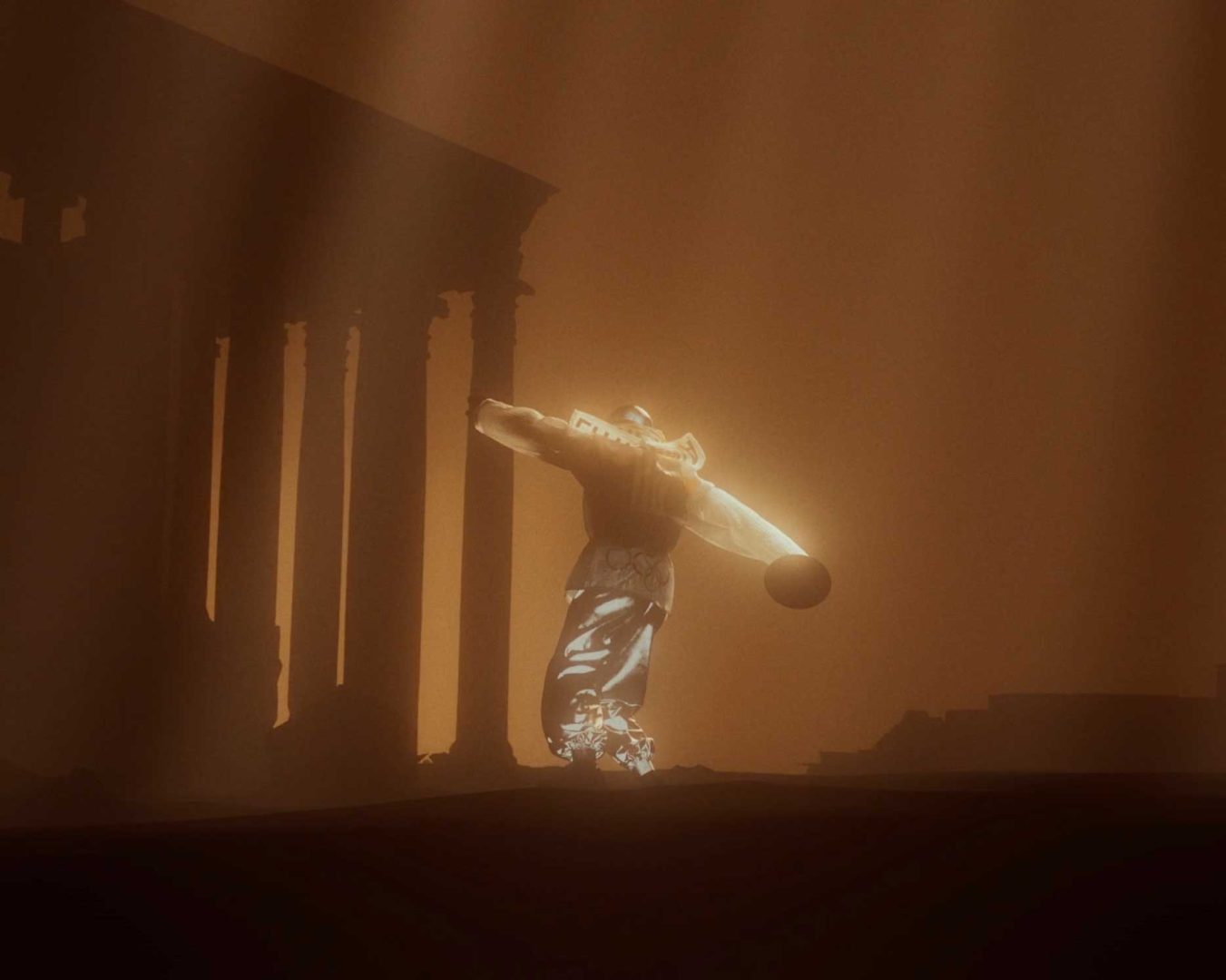 A person wearing a futuristic outfit, reminiscent of styles seen in the Issey Miyake 1992 short film by Anatolik Belikov Studio, stands holding a large object, silhouetted against ancient ruins with tall columns, bathed in dramatic, foggy, sepia-toned light. Frame from Stash Magazine article.