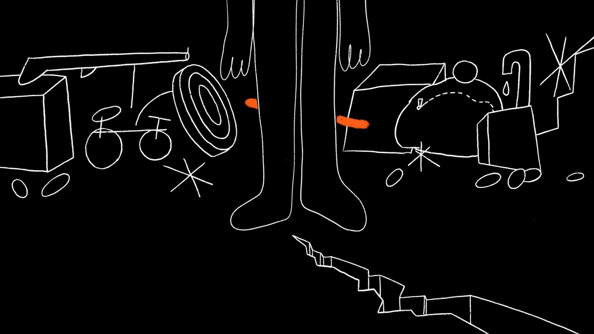 A minimalist drawing of a person’s legs surrounded by outlined objects—like a toy truck, bicycle, and cracked surface—on a black background with orange highlights, inspired by the visual style of Jacob Collier’s "Where Did My Diamond Go" music video. Frame from Stash Magazine article.