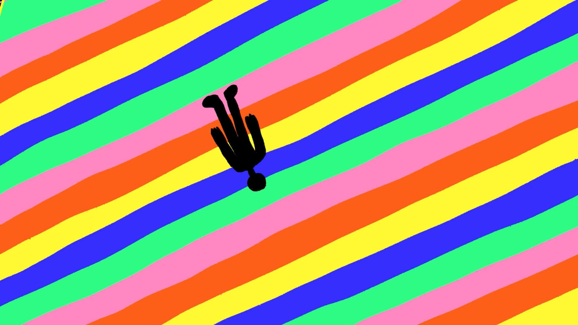 A black silhouette of a person is upside down against a vibrant background of diagonal rainbow-colored stripes, reminiscent of the whimsical visuals in Jacob Collier’s "Where Did My Diamond Go" music video. Frame from Stash Magazine article.