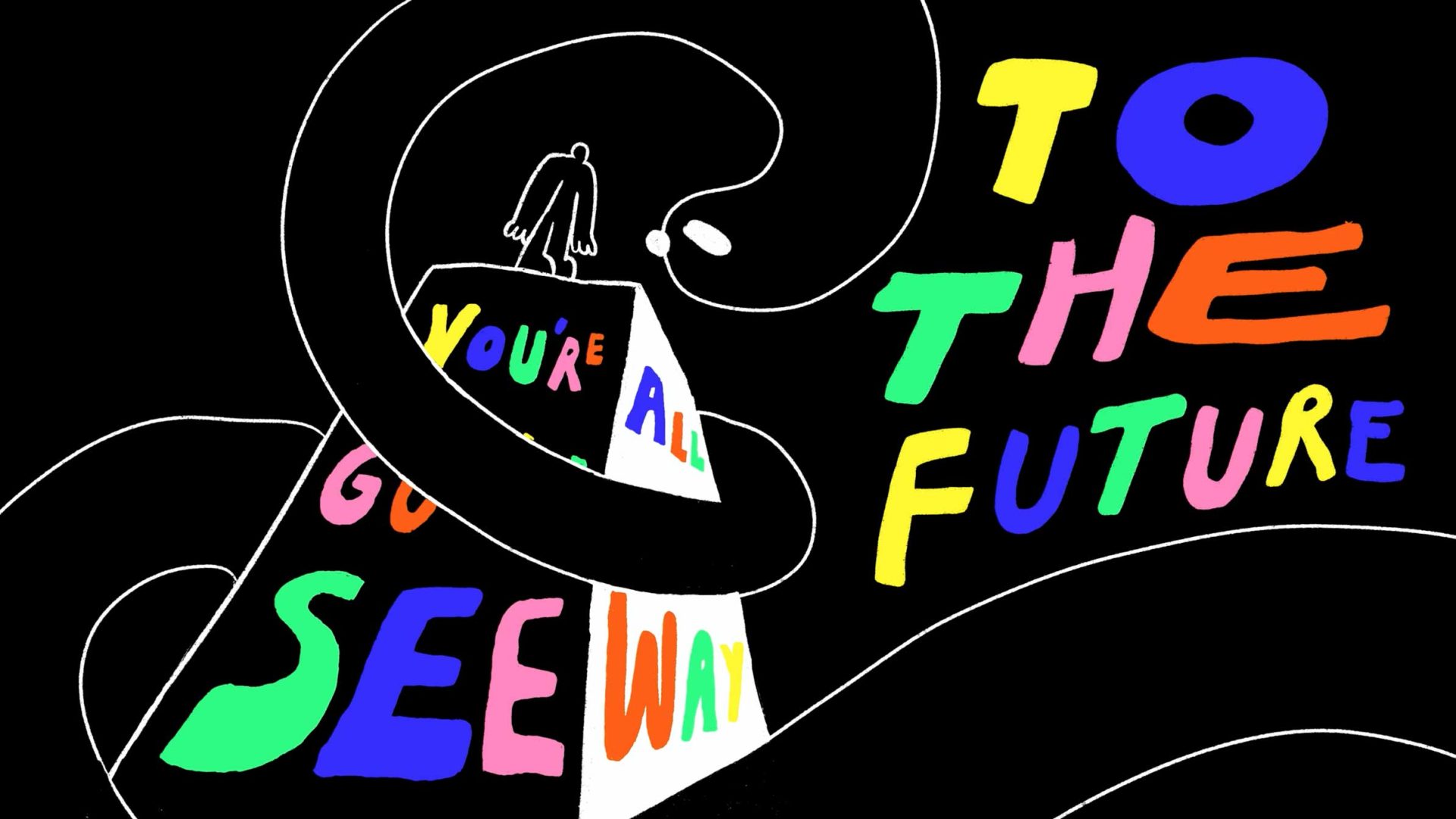 A silhouetted figure stands atop colorful, blocky text reading, YOURE ALL GOING TO SEE WAY, as bold rainbow letters spell TO THE FUTURE—echoing the vibrant energy of a Jacob Collier music video—against a black backdrop with swirling white lines. Frame from Stash Magazine article.