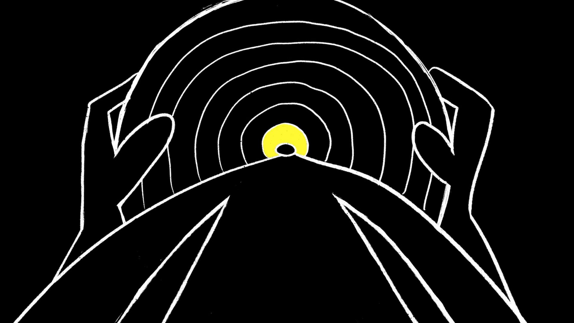 Abstract black and white illustration of hands framing a yellow circle at the center, surrounded by concentric arcs, evoking the tunnel-like depth seen in Jacob Collier's "Where Did My Diamond Go" music video. Frame from Stash Magazine article.