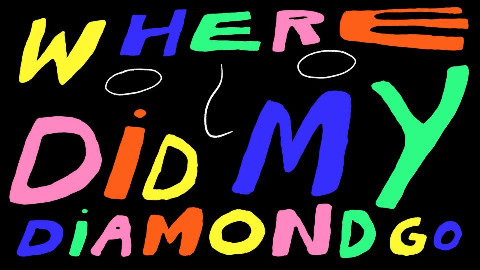Colorful, hand-drawn text on a black background reads: Where Did My Diamond Go, with playful letters and shapes forming a simple face—art inspired by Jacob Collier’s vibrant music video. Frame from Stash Magazine article.